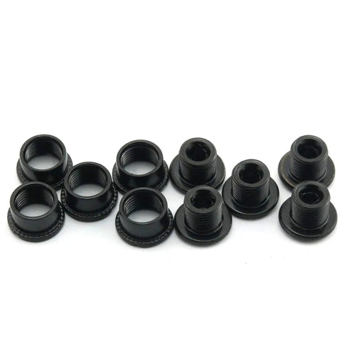 5Pcs Black MTB Chainring Bolts Kit 4.9mm for Single Chainring Crankset Fixing Screws, anodized steel, laid out on surface
