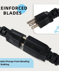 Close-up of Three Foot Built Tough Extension Cord 12/3 SJTW Black With Grounded 3 Prong Plug Indoor Outdoor Use, showing reinforced prongs.
