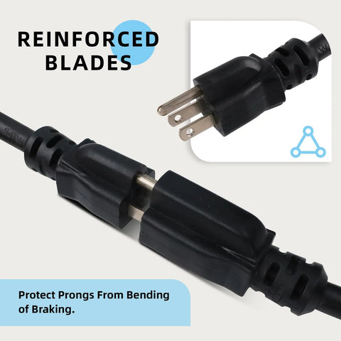 Close-up of Three Foot Built Tough Extension Cord 12/3 SJTW Black With Grounded 3 Prong Plug Indoor Outdoor Use, showing reinforced prongs.