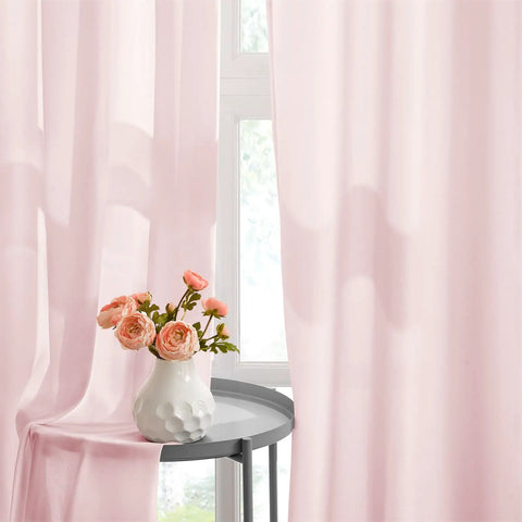 Privacy Semi Sheer Curtains Light Pink 84 Inch Long 2 Panel Set W52 X L84 Light Filtering Drapes hanging with flowers nearby.
