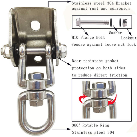 Heavy Duty 1000 Lb Hanging Hardware Kit With 360 Degree Rotating Hooks detail showing stainless steel bracket and components