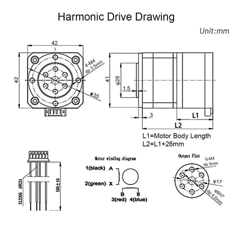 Harmonic drive technical drawing for Pro Level Mini Harmonic Drive With Bulletproof Strain Wave Gear Reducer.