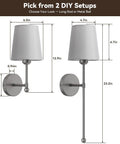 Battery Operated Wall Sconce Set of 2, RF Remote, Grey and Grey Shade with dimensions for long and short rod options.