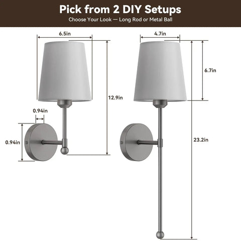 Battery Operated Wall Sconce Set of 2, RF Remote, Grey and Grey Shade with dimensions for long and short rod options.