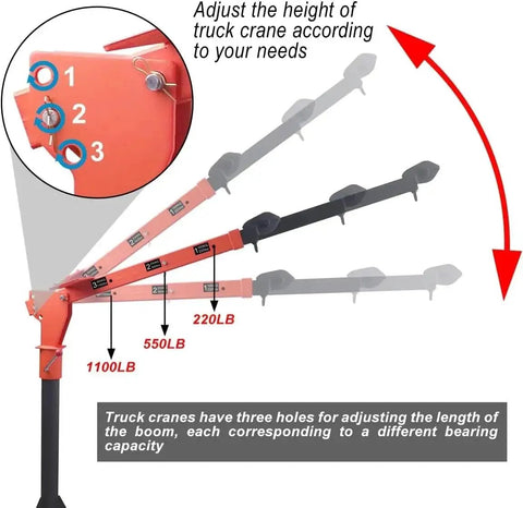 Adjustable height feature of Kickass Heavy Duty Fold Up Truck Bed Jib Crane Hoist 4000 Lb with load capacities illustrated.