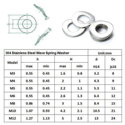304 Stainless Steel Wave Spring Washer Set 7 Size Metric Assortment M3 To M12 300 Pieces DIN137B Compliant Built Tough Anti Corrosion Fastening Washers For Electrical Connections In Appliances Auto And Marine, sizes chart