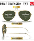 RB3025 Pilot Shape Non-Polarized Sunglasses For Men And Women With G-15 Green Lens, dimensions labeled for fit.