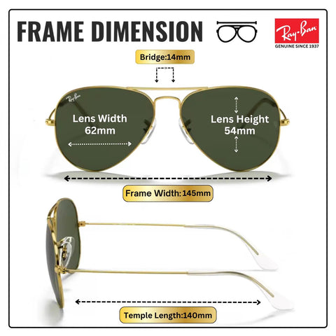 RB3025 Pilot Shape Non-Polarized Sunglasses For Men And Women With G-15 Green Lens, dimensions labeled for fit.