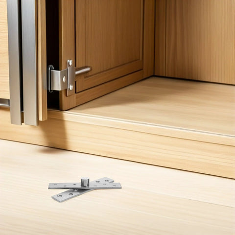 Invisible Pivot Door Hinges Set 360 Degree Rotation Stainless Steel Concealed Heavy Duty Secret Door Hardware For Wood Cabinets And Hidden Bookcases 6 Pack shown on floor near cabinet