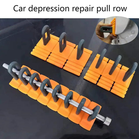 Ultimate Dent Repair Kit For Cars And Motorcycles with yellow sliders and metal rod displayed on black surface