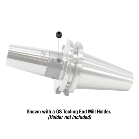 Pro Shop Spec 9/16 Unf X 1/2 Set Screw displayed alongside a GS Tooling End Mill Holder. Illustration shows set screw position.
