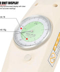 200 N Handheld Push Pull Force Gauge With Dual N Kgf Analog Dial And Peak Hold, Mounting Test Stand Ready, Perfect For Tensile And Compression Testing, Includes Multiple Attachment Heads And Extension Rod, close-up dial