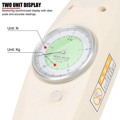 200 N Handheld Push Pull Force Gauge With Dual N Kgf Analog Dial And Peak Hold, Mounting Test Stand Ready, Perfect For Tensile And Compression Testing, Includes Multiple Attachment Heads And Extension Rod, close-up dial