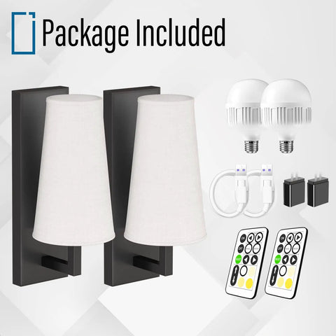 Package contents of Cordless Two Pack Rechargeable Wall Sconces With Remote, No Drill Installation, shown with accessories