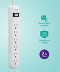 Image of a Six Outlet Surge Protector Power Strip With A 2 Ft Cord, 450 Joules Surge Protection, Wall Mount Design, On Off Switch