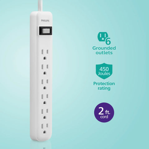 Image of a Six Outlet Surge Protector Power Strip With A 2 Ft Cord, 450 Joules Surge Protection, Wall Mount Design, On Off Switch