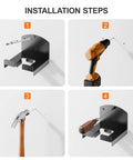 Installation steps for Heavy Duty Weed Wacker Wall Rack for Garage Storage with Hooks on wood or concrete walls.