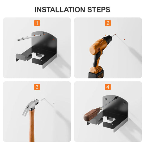 Installation steps for Heavy Duty Weed Wacker Wall Rack for Garage Storage with Hooks on wood or concrete walls.