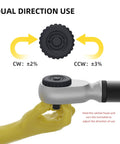 Half Inch Drive Digital Torque Wrench With Preset Memory And Data Storage Pro Grade Performance 12.5 To 250.8 FtLb And 17 To 340 Nm Four Units Nm FtLb InLb KgCm With Two Percent CW And Three Percent CCW Accuracy Plus Buzzer And LED Alerts For Motorcycle showing dual direction use with yellow arrows and illustrated hand.