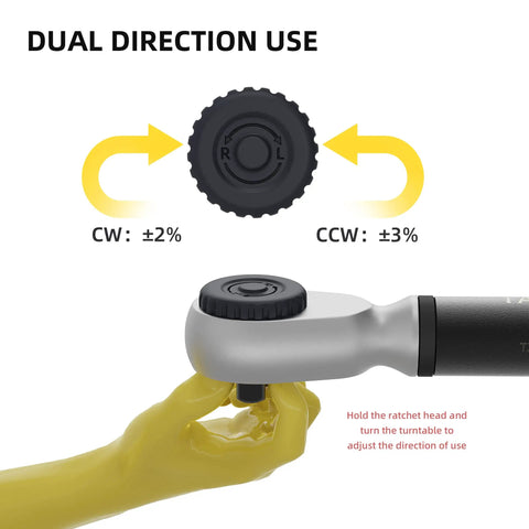 Half Inch Drive Digital Torque Wrench With Preset Memory And Data Storage Pro Grade Performance 12.5 To 250.8 FtLb And 17 To 340 Nm Four Units Nm FtLb InLb KgCm With Two Percent CW And Three Percent CCW Accuracy Plus Buzzer And LED Alerts For Motorcycle showing dual direction use with yellow arrows and illustrated hand.