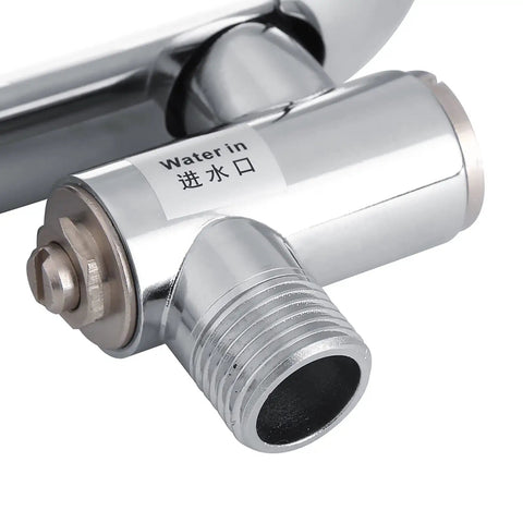 Close-up of silver Hands-Free Automatic Sensor Urinal Flush Valve For Commercial And Home Use, Brass Body No Touch Flush System