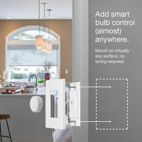 Smart Dimmer Switch For Paddle Decorator Switches Keeps Philips Hue Bulbs In Ready Mode So You Always Have Hue Control And Converts Your Existing Switch Into A Hue Friendly Dimmer White installed on kitchen wall