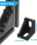40 Piece Black 2020 Series Aluminum Extrusion Connector Kit with 40 2028 Corner Brackets, 80 T Slot Nuts and M5 Hex Screws plus 1 Wrench for Easy DIY Friendly 20mm Rail Setup, showing product size dimensions of the corner bracket.