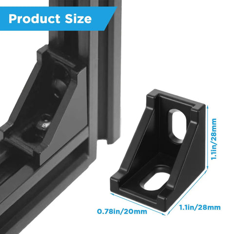 40 Piece Black 2020 Series Aluminum Extrusion Connector Kit with 40 2028 Corner Brackets, 80 T Slot Nuts and M5 Hex Screws plus 1 Wrench for Easy DIY Friendly 20mm Rail Setup, showing product size dimensions of the corner bracket.