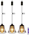 Three Pack Battery Operated Outdoor Chandelier Pendant Lights With Rustic Black Metal Bell Shade For Gazebo Patio Porch Decor, showcasing warm glow.