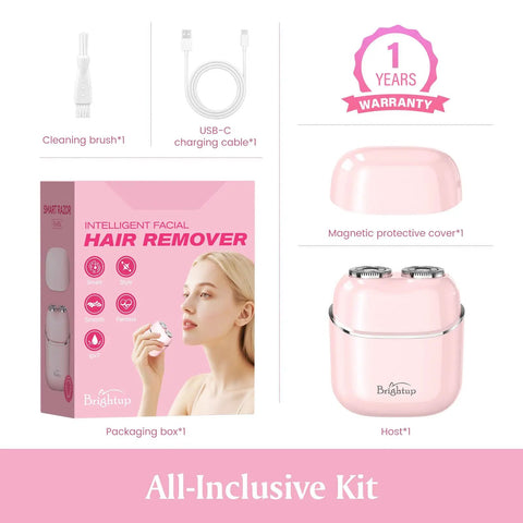 Painless Facial Hair Removal For Women Electric Shaver With Smart Sensor kit including shaver, USB-C cable, brush, and box.