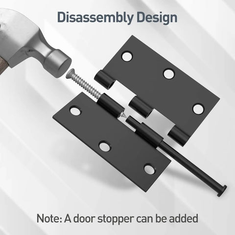 Detail of Six Pack Three And A Half Inch Matte Black Door Hinges Featuring Square Corners Removable Pins and Full Screw Kit.