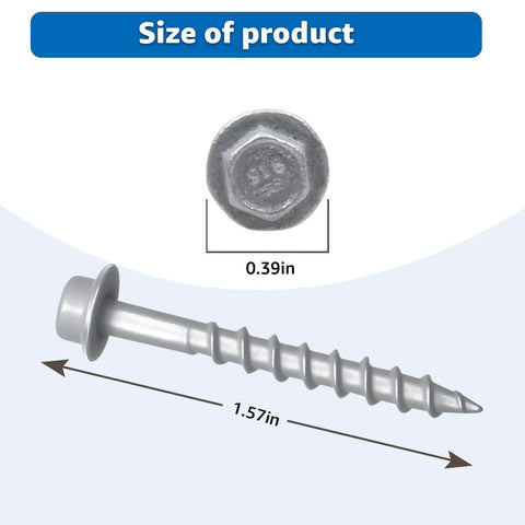 Heavy Duty Joist Hanger Screws Size Nine By One Point Five Inch Structural Fasteners showing hex head and length of 1.57 inches.