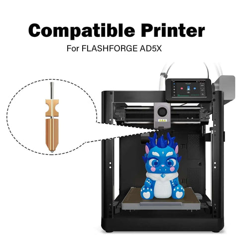 3D printer with upgraded 0.4mm hotend kit for Flashforge AD5X extruder, featuring quick detachable nozzle and replacement part icon.