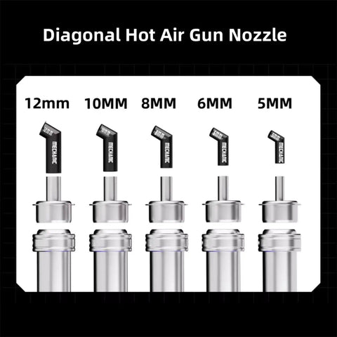 Diagonal Hot Air Gun Nozzle Kit Set With Five Sizes 5mm 6mm 8mm 10mm 12mm displayed on black background
