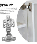 Installed stainless steel cabinet hinge on white kitchen cabinet door; heavy-duty, rust-resistant