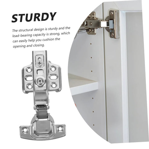 Installed stainless steel cabinet hinge on white kitchen cabinet door; heavy-duty, rust-resistant