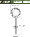 4 Pack M8 X 100mm Stainless Steel Eye Bolts With Nuts And Washers Lifting Ring Eyebolt Kit for Swing Board Furniture and DIY Projects