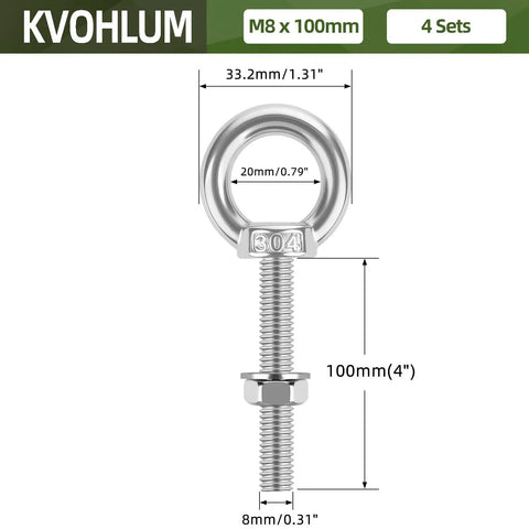 4 Pack M8 X 100mm Stainless Steel Eye Bolts With Nuts And Washers Lifting Ring Eyebolt Kit for Swing Board Furniture and DIY Projects
