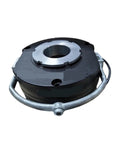 Front view of electromagnetic clutch/brake unit with black housing and silver mounting hub around central shaft bore.