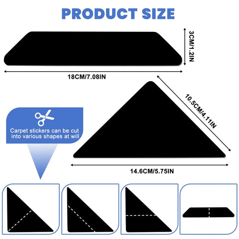 Non Slip Rug Grippers 16 Piece Carpet Stickers size chart showing triangular and trapezoid rug gripper dimensions.