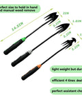 Three Piece Weed Puller Tool Set For Easy Weeding Portable Garden Weeder Hand Tool For Vegetable Gardening And Backyard Farm Uprooting Weeds Fast Without Strain Durable High Quality Garden Weeding Tools displayed with size measurements.