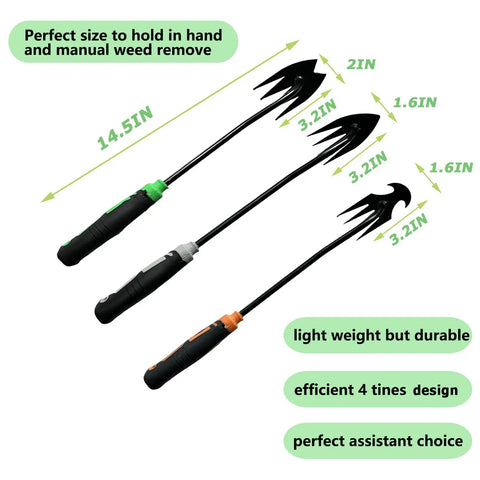 Three Piece Weed Puller Tool Set For Easy Weeding Portable Garden Weeder Hand Tool For Vegetable Gardening And Backyard Farm Uprooting Weeds Fast Without Strain Durable High Quality Garden Weeding Tools displayed with size measurements.