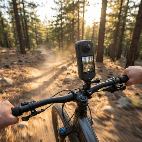 Cyclist using X4 Air 360 Action Camera With Lightweight Dual Lens Waterproof 8K Stabilization For Travel Cycling Snorkeling Vlogging And Outdoor Sports Plus 50 In 1 Accessory Kit And More on forest trail
