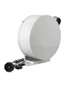 Heavy Duty Hose Reel With Thirty Five Foot Garden Hose And Enclosed Powder Coated Drum For Serious Chore Hustle Easy Wall Mount side view with spray gun.