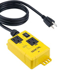 Automatic Vacuum Switch With Five Foot Power Cord For Power Tools And Table Saws Lets Your Vacuum Turn On And Off Automatically When The Tool Starts, Includes On Delay To Prevent Overload And Delayed Shutoff For Dust Collector, showing front view of yellow switch with power cord