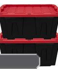 Heavy Duty 27 Gallon Storage Bin 2 Pack Large Plastic Container With Secure Snap On Lid stacked black bins with red lids.