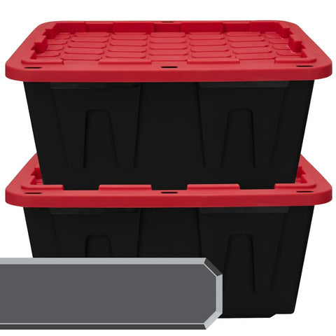 Heavy Duty 27 Gallon Storage Bin 2 Pack Large Plastic Container With Secure Snap On Lid stacked black bins with red lids.