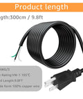 9.8ft 12 Gauge Heavy Duty Replacement Power Cord For Tools And Home Gear 3 Prong 12 AWG 3 Conductor Black Pigtail Cable