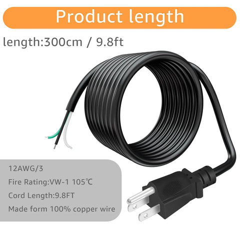 9.8ft 12 Gauge Heavy Duty Replacement Power Cord For Tools And Home Gear 3 Prong 12 AWG 3 Conductor Black Pigtail Cable