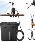 Portable Outdoor Misting System with 9L Water Bucket, Built-In 10000mAh Battery and PCS Pump attached to a pipe.